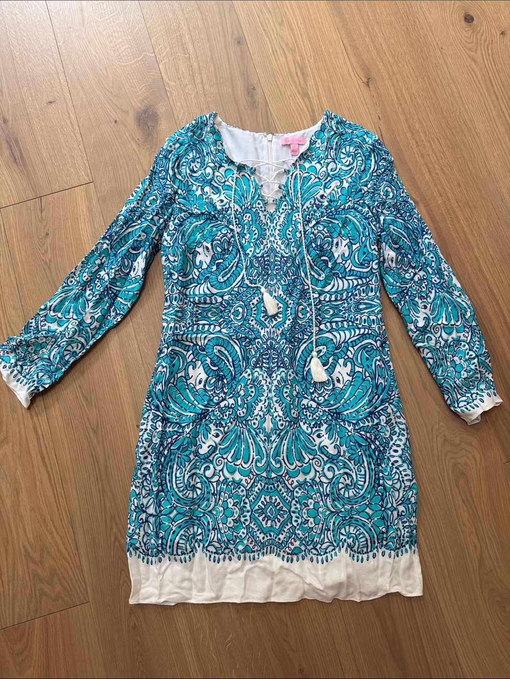 Lilly Pulitzer Teal & White Lace-Up Printed Mini Dress
